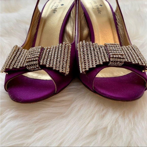 Kate Spade purple satin peep toe high heels w rhinestone bows wmn Sz 7.5 - Picture 5 of 15